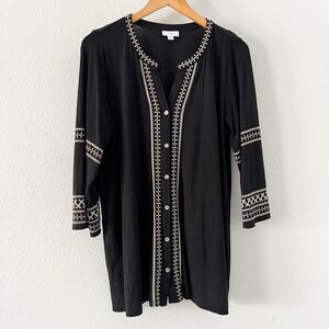 J. Jill Embroidered Tunic Shirt Womens M Black Button Up 3/4 Sleeve Blouse Knit